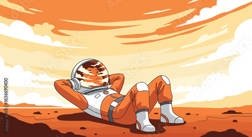Astronaut Relaxing on Martian Surface Under Atmospheric Sky Scenery