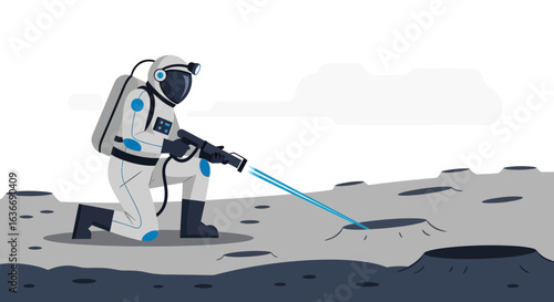 Astronaut Scanning Lunar Surface With Futuristic Laser Technology Illustration