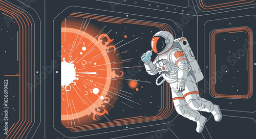 Astronaut Sipping Beverage While Gazing at a Distant Exoplanet from Spaceship