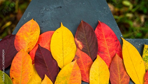 Autumn leaves arranged on a dark surface