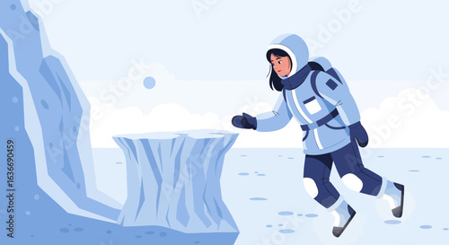Astronaut traversing icy terrain on a distant planet landscape illustration vector art