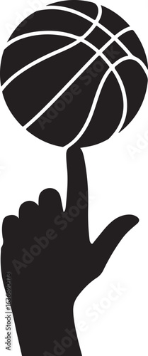 Black Silhouette of Hand Spinning Basketball on Index Finger, Isolated on White Background