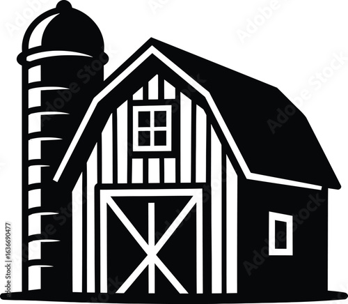 Black and White Vector Icon of a Barn and Silo