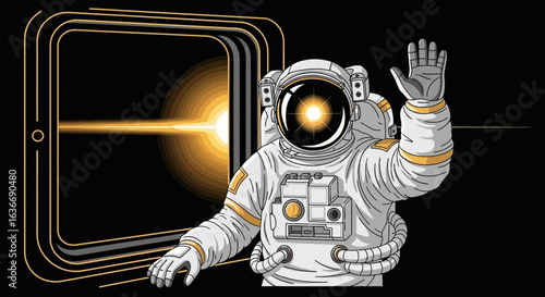 Astronaut Waving Against a Cosmic Backdrop Concept Vector Illustration