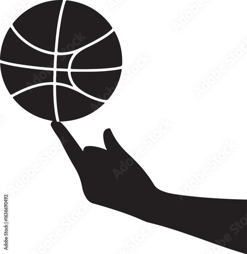 Black Silhouette of Hand Spinning Basketball on Index Finger, Isolated on White Background