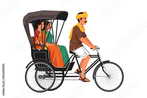 Traditional Cycle Rickshaw Ride with Women in Colorful Sarees – Cultural Street Transport Experience in South Asia