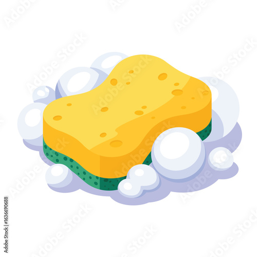 Yellow cleaning sponge with green scrubby side surrounded by soap bubbles