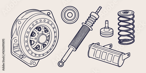 Detailed auto parts line art for automotive engineering projects and mechanical design concepts
