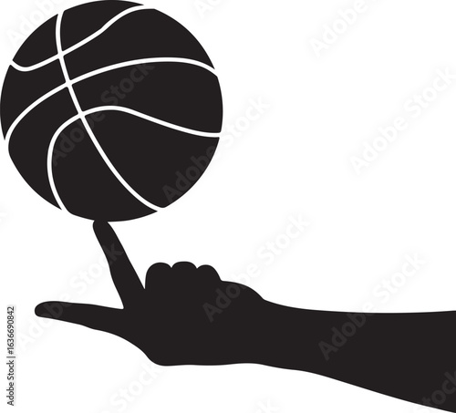 Black Silhouette of Hand Spinning Basketball on Index Finger, Isolated on White Background