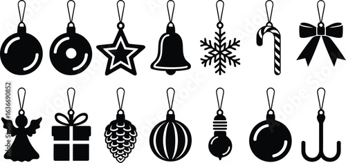 Collection of twelve classic black and white Christmas tree ornaments:  simple, elegant, festive designs.