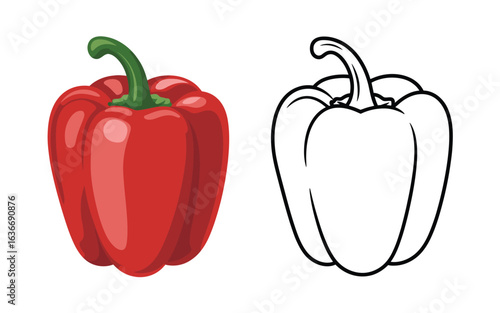 Coloring page of a red bell pepper next to a realistic red bell pepper