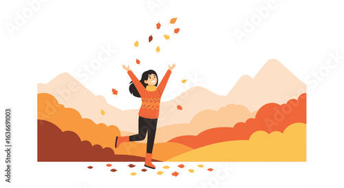 Autumn Joy: A Young Woman Celebrates the Fall Season with Falling Leaves and Vibrant Colors minimum 50 characters maximum 100 characters