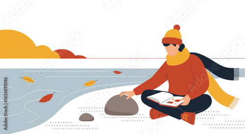 Autumnal Serenity By The Waterside With Reader Enjoying Outdoors Season