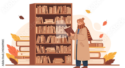 Autumnal Reading With a Woman Enjoying a Book Near a Bookshelf