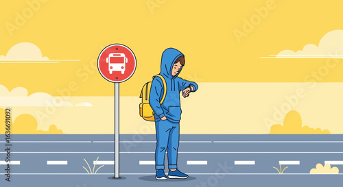 Awaiting Morning Transport Youngster Checking Watch at Roadside Bus Stop