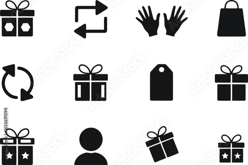 Simple Black Gift, Shopping, and Exchange Icons:  Modern Minimalist Design.