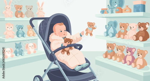 Baby in Stroller Enjoying Plush Toys at Toy Store in Playful Illustration Style