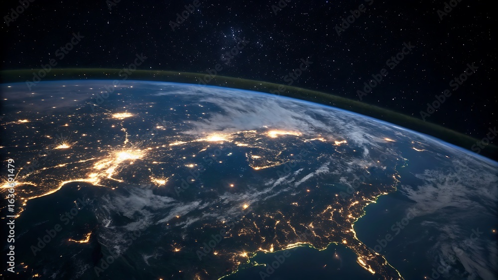 Fototapeta premium Earth at Night Seen from Space: City Lights and Atmosphere Glow against Starry Backdrop.