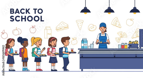 Back to school cartoon illustration with students lining up for lunch in cafeteria