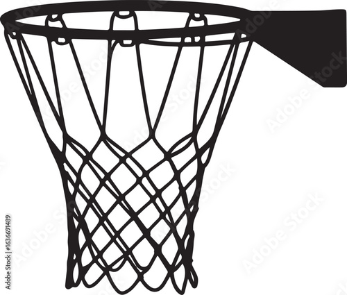Black Silhouette of Hanging Basketball Net without Backboard, Isolated on White Background