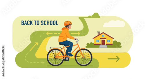Back To School Illustration Boy Riding Bicycle Toward Building on A Curvy Road