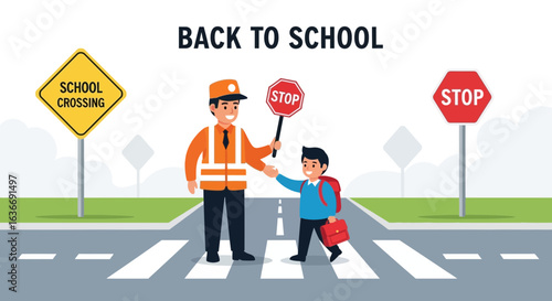 Back To School Crossing Guard Helping Kid at School Crosswalk Sign Safety