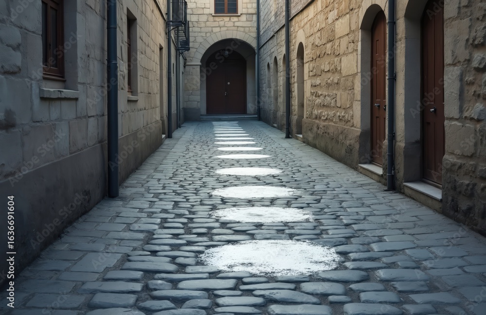 Fototapeta premium Cobblestone alleyway with white paint footsteps leading towards arched doorways and ancient facades. Traditional architecture evokes old-world charm, ideal for travel and cultural themes.
