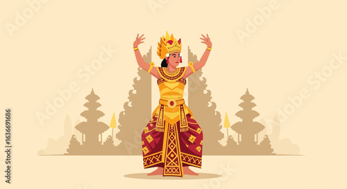Balinese Dancer In Traditional Dress In Front Of Silhouette Of Temples
