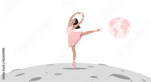 Ballerina gracefully dancing on the moon towards world peace and harmony a symbol of cosmic dance