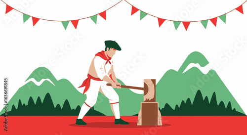 Basque Lumberjack Championship Illustration Festive Garland Mountain Backdrop