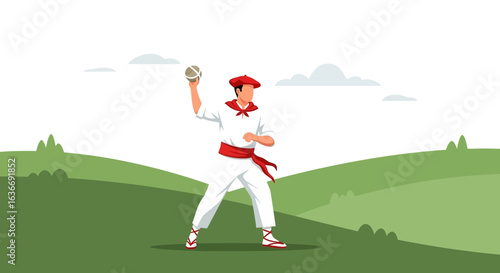 Basque Pelota Player in Traditional Outfit Ready to Serve the Ball Outdoors