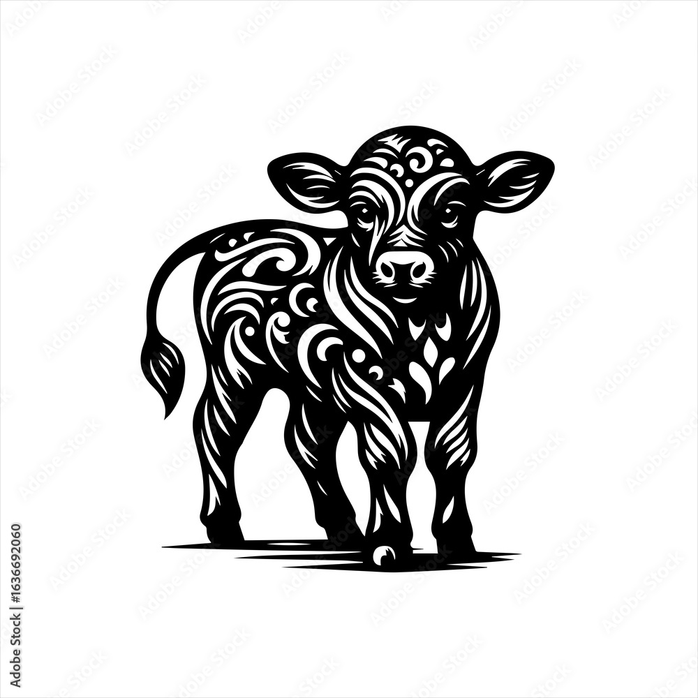 Fototapeta premium Black and white stylized calf with ornate tribal patterns