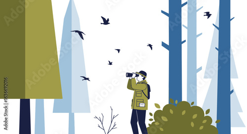 Birdwatcher Hiker Observes Birds With Binoculars In The Forest Scenery