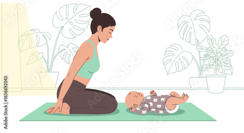 Bonding Through Movement Mother Doing Yoga Next To Her Sleeping Baby