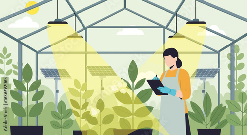 Botanist Inspecting Greenhouse With Solar Panels And Indoor Lighting System