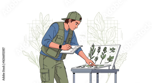Botanist Inspecting Plant Specimens For Scientific Research In Field Study
