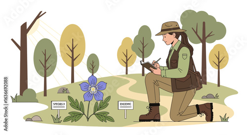 Botanist Observing Endemic Plant Species in Natural Habitat Outdoors Nature