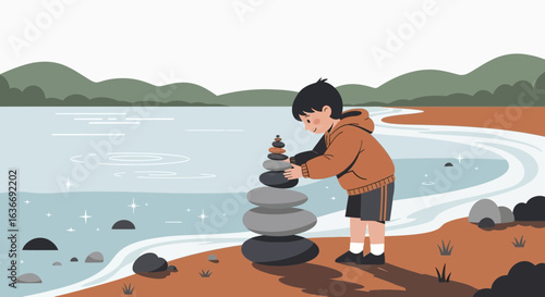 Boy Balances Rocks at Calm Lakeside Beach Landscape Illustration Peaceful Art