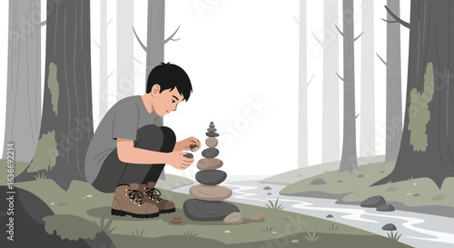 Boy Balances Rocks Creating Art Cairn Beside The River In The Forest