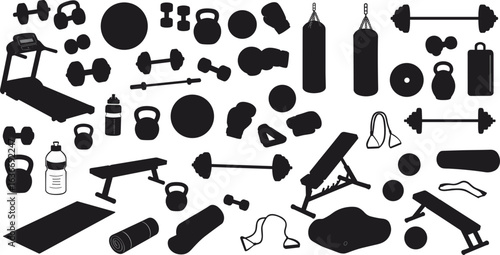 Gym equipment silhouette set, fitness accessories vector, dumbbells, kettlebells, barbells, yoga mat, punching bag, workout tools, training gear, exercise icons