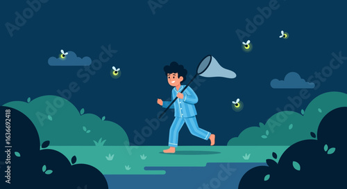 Boy Chasing Fireflies At Night In Pajamas With A Butterfly Net