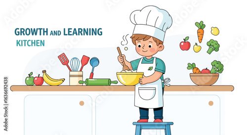 Boy Chef Prepares Healthy Food In The Kitchen For Growth And Learning