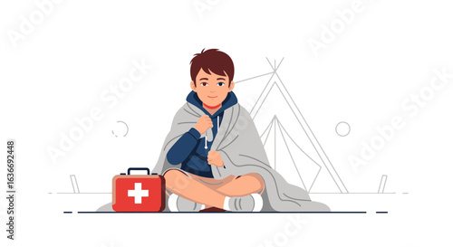 Boy Cold in a Blanket with First Aid Kit After Outdoor Adventure