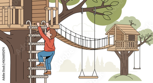 Boy Climbing Into A Treehouse With Swing And Rope Bridge Adventure