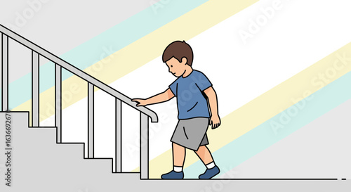 Boy Descending Stairs Illustration For Safety Awareness And Interior Design Projects