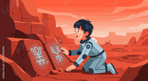 Boy Discovering Ancient Symbols On Mars' Rocks During Space Exploration Mission