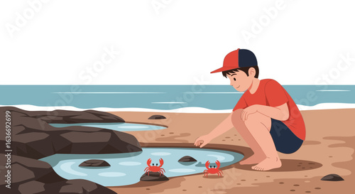 Boy Discovering Crabs On Beach During Sunny Summer Vacation Day