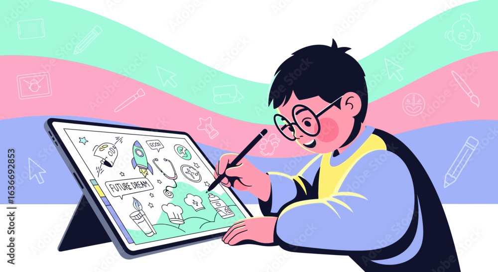 Fototapeta premium Boy Draws Future Dreams On Tablet Expressing Creativity And Imagination For A Better World