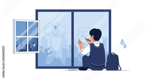 Boy drawing on window during rainy day expressing creativity and imagination in isolation