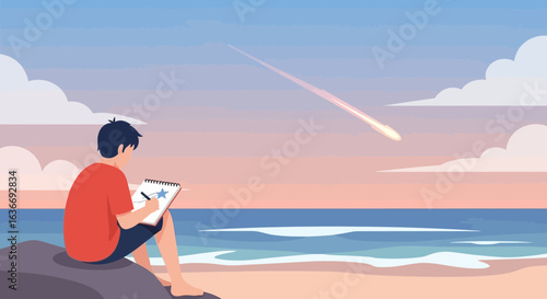 Boy Drawing Starry Night at Seaside Beach Contemplating The Universe
